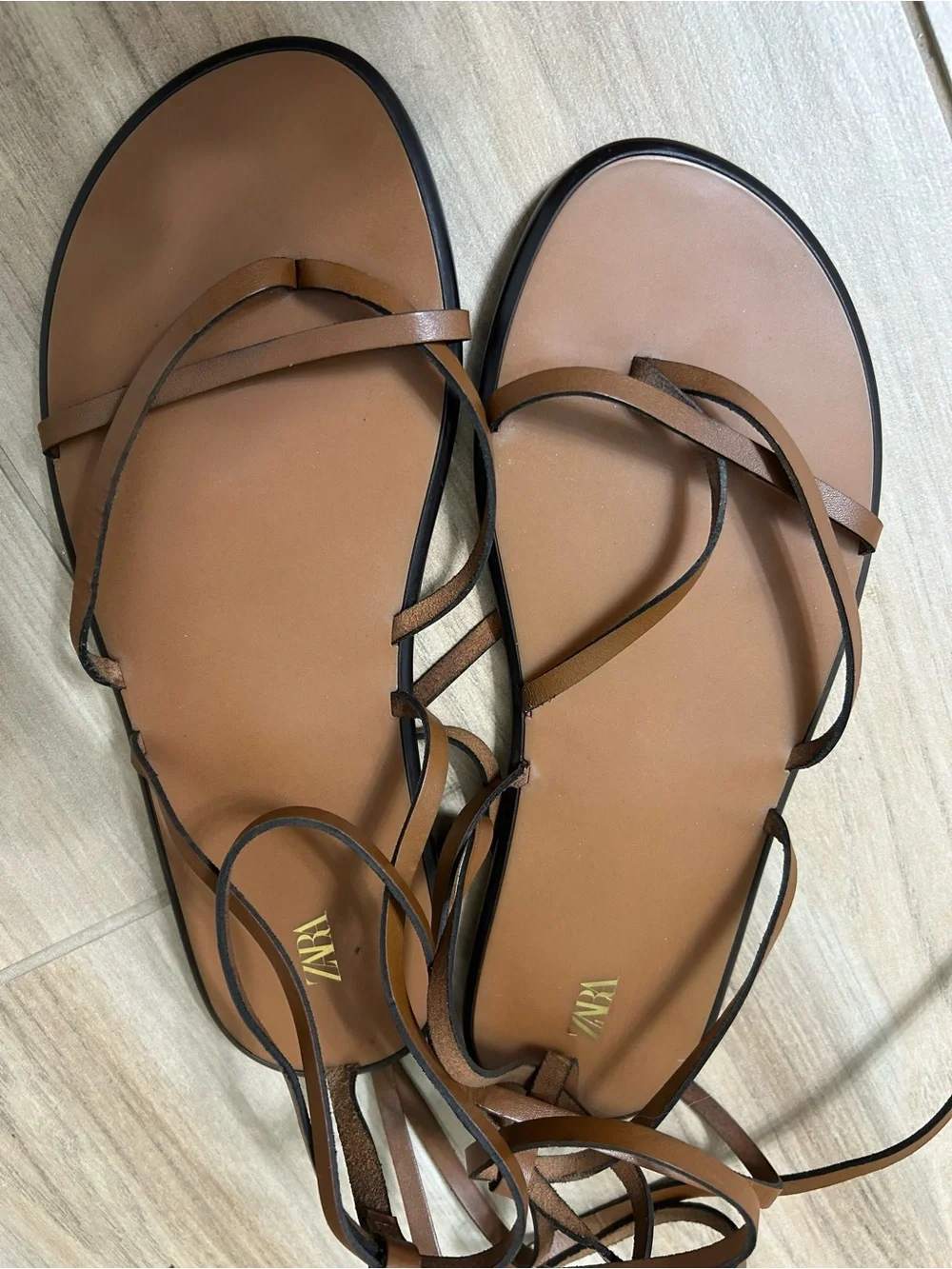 Zara Tan Lace-Up tied Strappy Flat Sandals - Picture 2 of 5